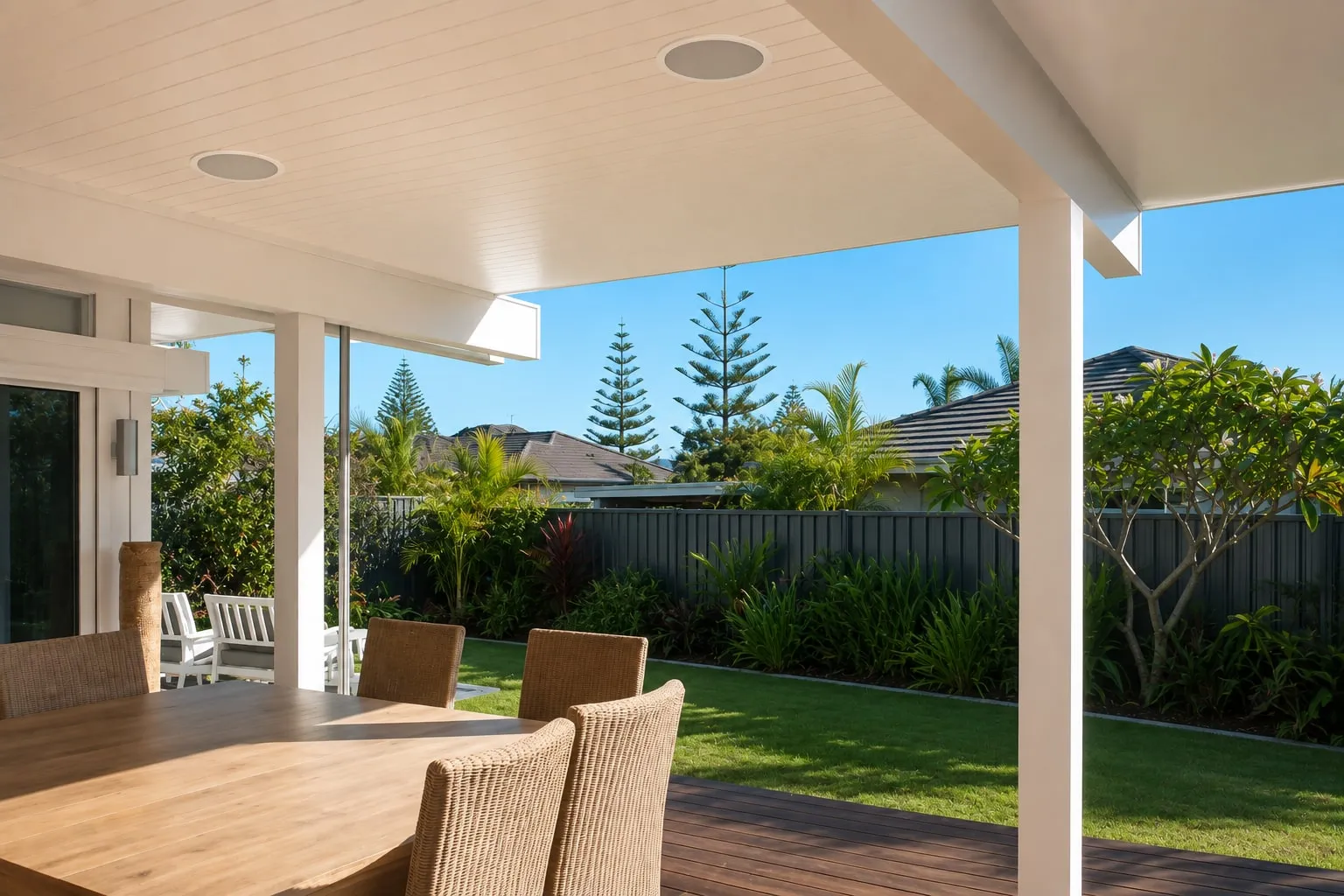 Flush-mounted in-ceiling speakers in an alfresco ceiling overlooking a Perth backyard — outdoor audio by ACS Integration